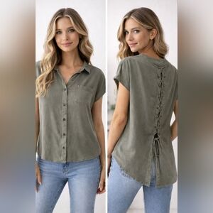 Khaki Green Blouse Lace-Up Back High Low Hem Viscose Size L Casual Chic